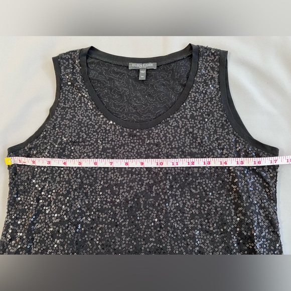 Eileen Fisher Black Silk Stretch Sequin Asymmetrical Tank w/Side Slit Sz PP - Picture 8 of 13